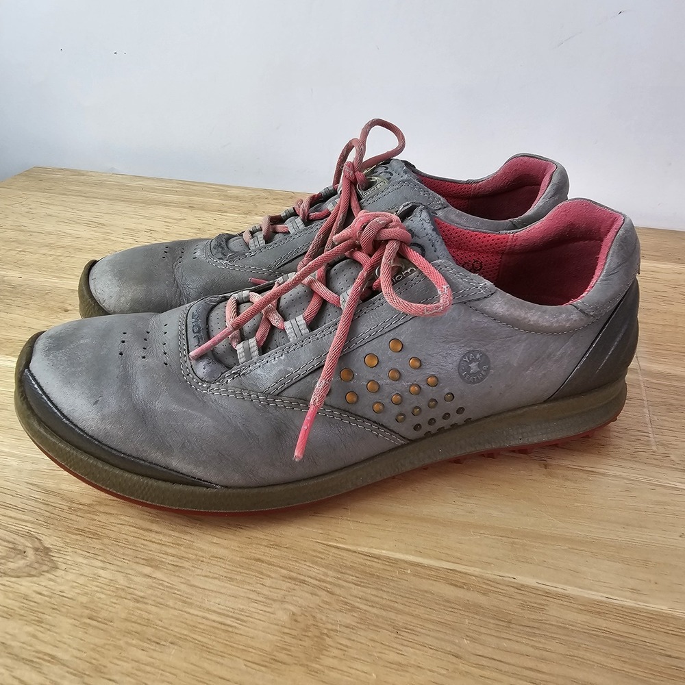 ECCO BIOM Hybrid 2 Women's Golf Shoes Size‎ 7 US Gray Pink Lace Up Yak Leather